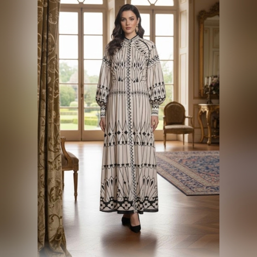 Elegant Black and White Geometric Pattern Maxi Dress Boho Fancy Night out
